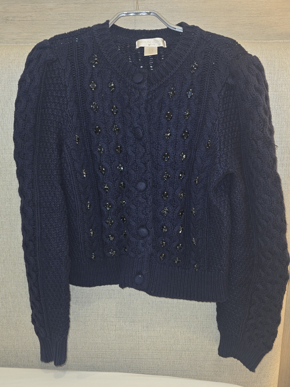 Caroline Constas Navy Jeweled Cable Knit Cardigan Sweater XS